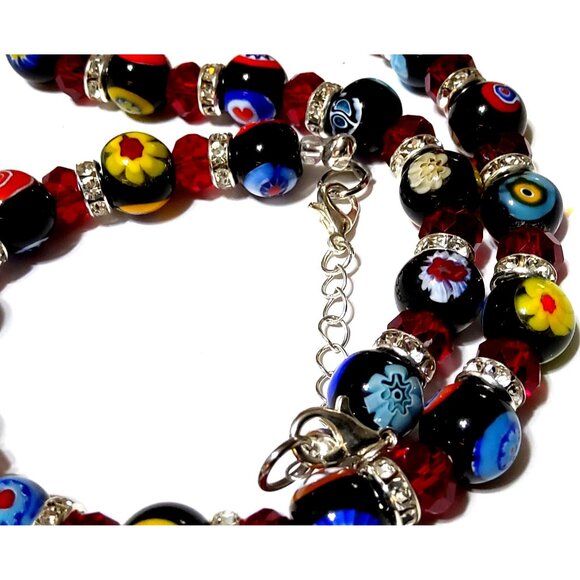 Multicolor Millefiori & Red Crystal Beaded Necklace With Rhinestone Spacers And - Picture 4 of 6